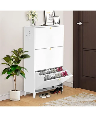 3 Drawer All Steel Shoe Cabinet, Freestanding Shoe Rack Storage Organizer with Flip Door, Modern Tipping Bucket Shoe Cabinet for Entryway, Hallway, Be