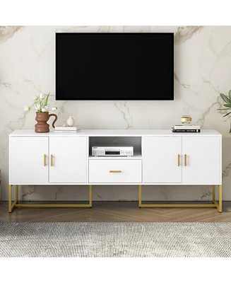 Modern Tv Stand for TVs up to 70", with Drawer, Cabinets, Metal Legs, and Safety Features