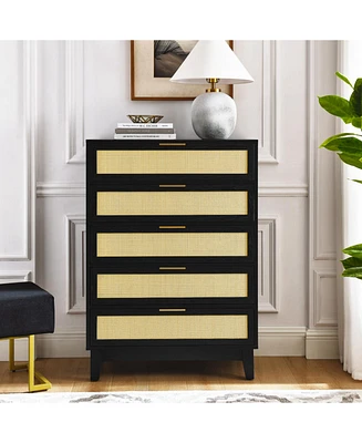 Bedroom 5 drawer dresser, rattan dresser modern wooden chest of drawers with spacious storage space for bedroom hallway living room