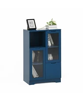 Wooden Floor Cabinet with 2 Glass Doors and 2 Storage Space, Blue Living Room Bathroom Entryway