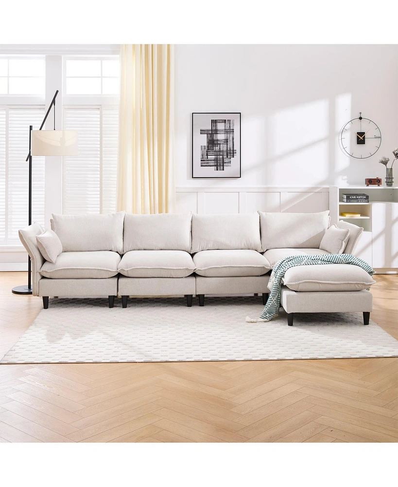 Modular Sectional Sofa, L Shaped Couch Set for Living Room, 4-Seater Comfy Cloud Couches with Movable Ottoman Beige
