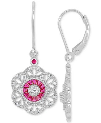 Pink & White Cubic Zirconia Openwork Flower Leverback Drop Earrings in Sterling Silver