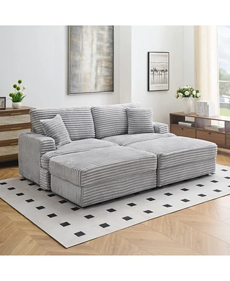82 inches gray corduroy sofa, two storage feet +4 throw pillows, create a living room, office fashion new darling!