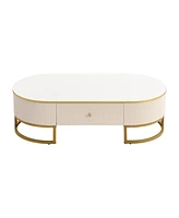 Modern Oval Coffee Table with Drawers,Curved Profile Design, Gold Metal Decor, Center Table for Living Room in 47.2"