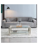 50" Stainless Steel Coffee Table with Tempered Glass and Storage
