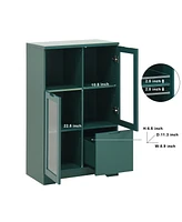Wooden Floor Cabinet with 2 Glass Doors and 2 Storage Space, Blue Living Room Bathroom Entryway Green