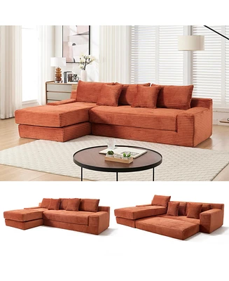 L-Shaped Corduroy Sectional Sofa Bed - Memory Foam, Steel Frame, Orange