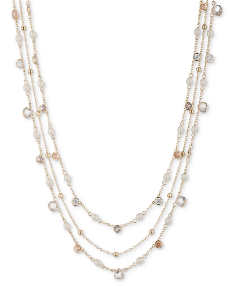 Lauren Ralph Lauren Gold-Tone Silk Bead Three-Row Collar Necklace, 16" + 3" extender