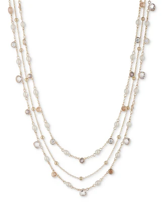 Lauren Ralph Lauren Gold-Tone Silk Bead Three-Row Collar Necklace, 16" + 3" extender