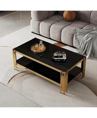 Top and Bottom Double Layer Tempered Glass Coffee Table and Mirror Finished Stainless Steel Frame