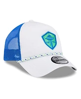 New Era Men's White/Blue Seattle Sounders Fc Court Sport Foam A-Frame 9FORTY Adjustable Trucker Hat