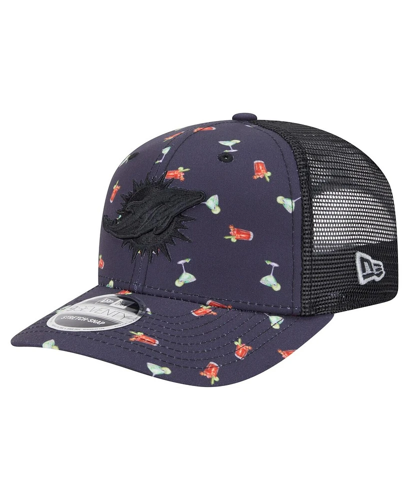 New Era Men's Navy/Black Miami Dolphins Adventure Drinks Pattern 9SEVENTY Stretch snap Hat