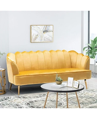 Modern Glam Velvet 3-Seater Sofa With Channel Stitching And Gold Legs