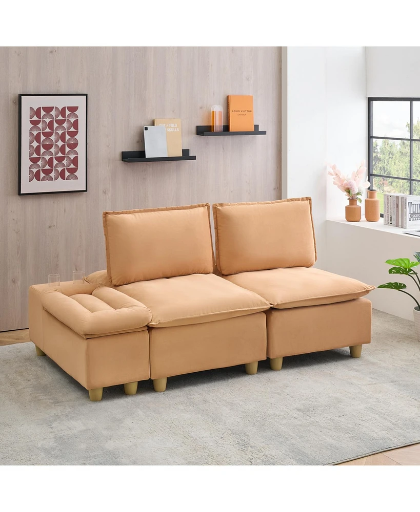 74" Modern Pumpkin Flannel Sofa with Cup Holders, Storage, and Adjustable Backrest