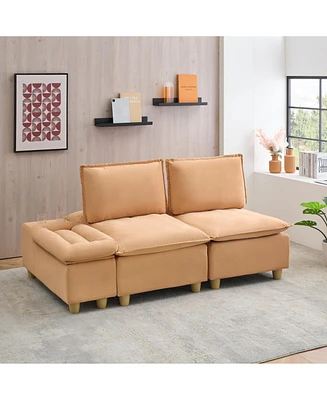 74" Modern Pumpkin Flannel Sofa with Cup Holders, Storage, and Adjustable Backrest