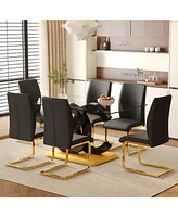 63" Glass Dining Set with 6 Black Chairs & Gold Legs