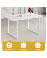 55" Cream White Dining Set: Table & 6 Black Chairs