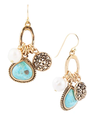 Barse Blue Turquoise and White Cultivated Pearl Multi Charm Earrings