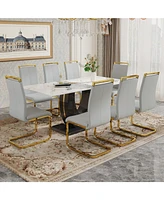 71" Pandora Glass Table with 8 Light Gray Pu Chairs