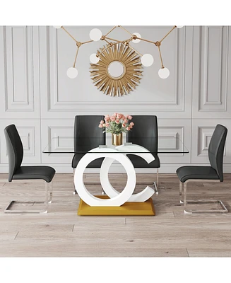 Tempered Glass Dining Set with 4 Black Chairs