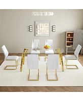Golden Leg Glass Table & 6 White Pu Chairs