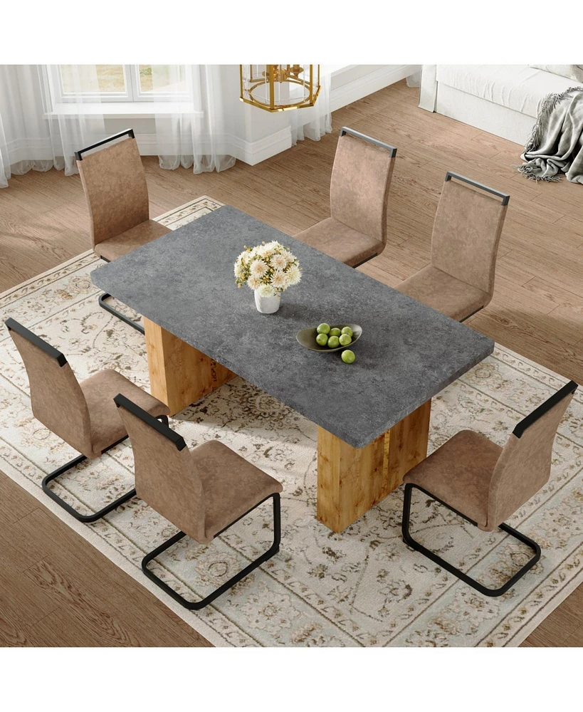 Cozy Modern Dining Set: 67" Table & 6 Fabric Chairs
