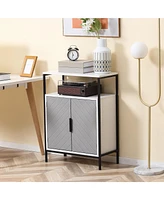 Storage Cabinet with Open Shelf and Double Door Cupboard, Accent Cabinet with Herringbone Panel and Steel Frame, Gray