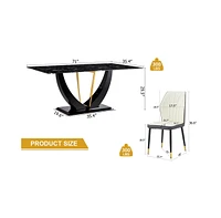Marble Glass Dining Set with 8 White and Gray Chairs