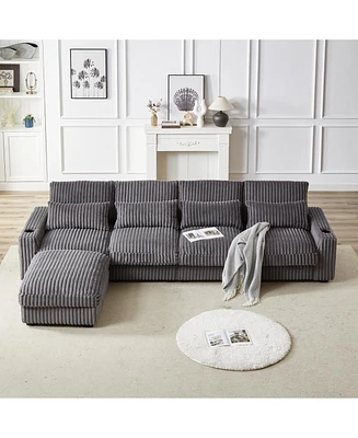 126" Corduroy L-Shaped Sofa w/ Cup Holder, Usb, Pillows & Ottoman