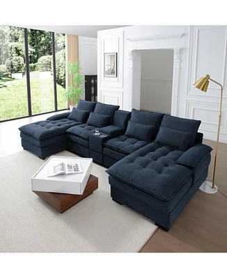 130" U-Sofa with Console, Cup Holders, Sleeper Couch Set for 6