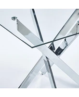 Modern Glass Dining Table with Cross Metal Legs (90x90x75cm)