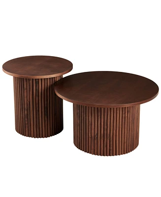 Walnut Veneer Coffee Tables (Set of 2), Farmhouse Mdf Tabletops with Metal Base