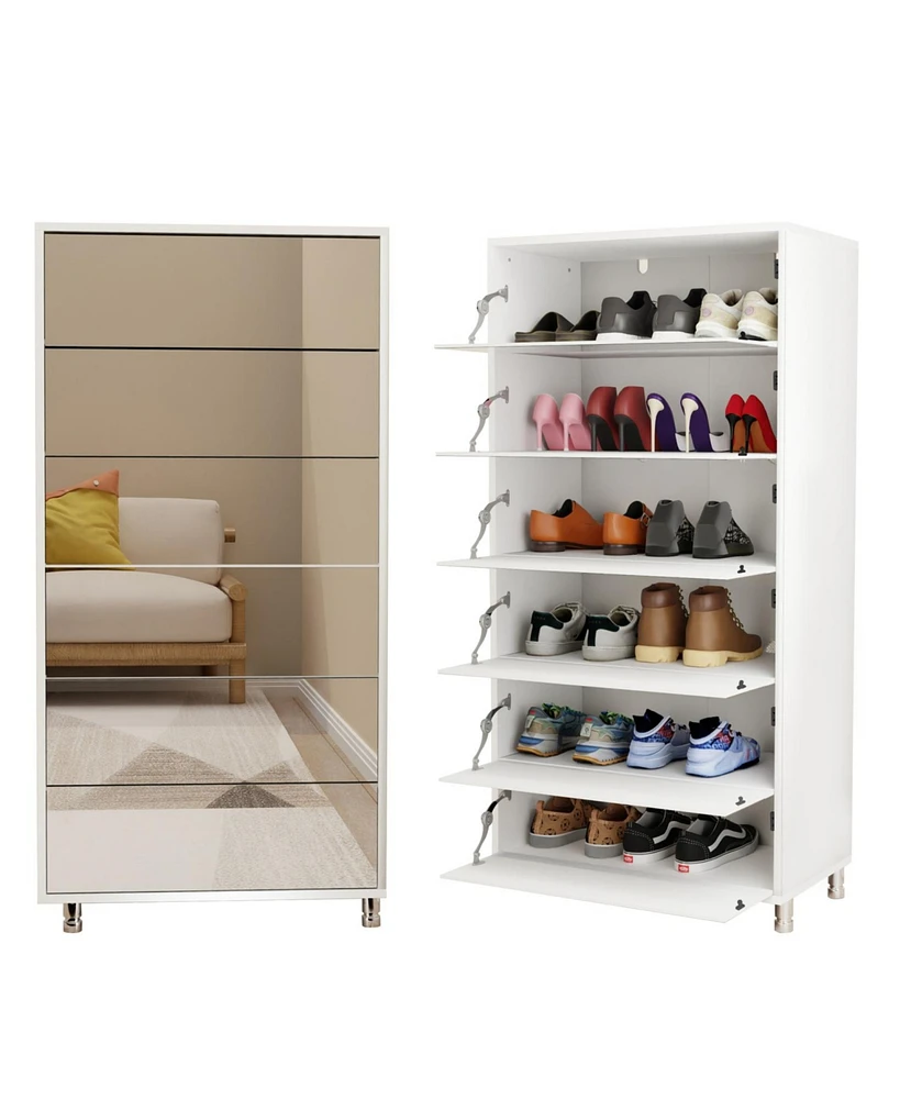 Mirror Shoe Cabinet: Flip-Out Drawer Organizer with Ample Storage and 4 Metal Legs (White)