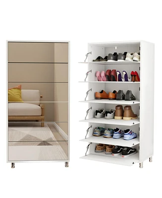 Mirror Shoe Cabinet: Flip-Out Drawer Organizer with Ample Storage and 4 Metal Legs (White)