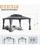 12x16 Hardtop Gazebo, Double Roof, Netting & Curtains