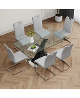 Elegant Glass Dining Table with Grey Chairs (Set of 7