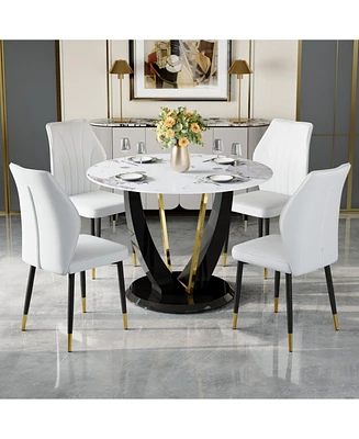Pandora Marble Round Dining Table with Pu Chairs, 42 Inch
