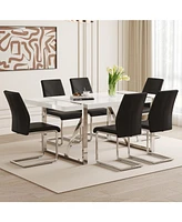White Mdf Dining Table Set with 6 Black Pu Chairs (71"x39.3
