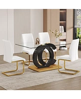 Luxurious Glass Dining Set: 4 Chairs, Gold Legs, Pu Upholstery