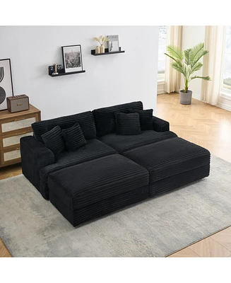 82 inches black corduroy sofa, two storage feet +4 throw pillows, create a living room, office fashion new darling