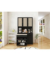Black Kitchen Pantry Cabinet w/ Rattan Doors & Microwave Stand