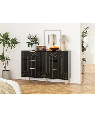 Modern 6 Drawer Dresser, Modern Dresser with Metal Handles, Storage Chest of Drawer, Wide Dresser Drawer Organizers with Carving Design for Bedroom, L