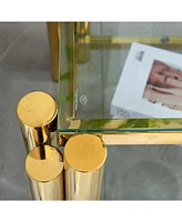 20" Square End Table with Glass & Stainless Steel, Gold Storage