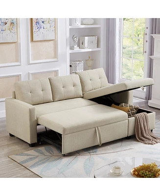 Upholstered Pull Out Sectional Sofa with Storage Chaise, Convertible Corner Couch, Beige