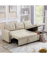 Upholstered Pull Out Sectional Sofa with Storage Chaise, Convertible Corner Couch, Beige