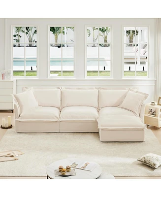 L-Shaped Slipcovered Sectional Sofa with Ottoman & Pillows
