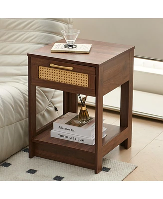 Pe Rattan End Table with Drawer, Modern Nightstand, Side Table for Living Room, Bedroom, Walnut Color