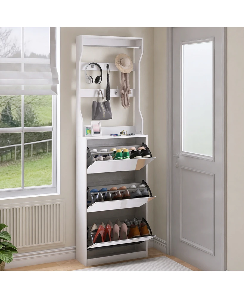 Mirror Shoe Cabinet: Flip-Tier Drawers, Hooks & Organizer