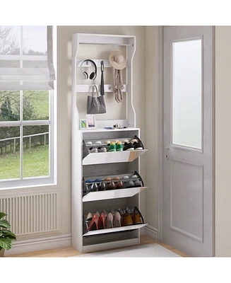 Mirror Shoe Cabinet: Flip-Tier Drawers, Hooks & Organizer