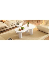 Easy Assembly Nesting Coffee Table Set of 2, Cream Style Cloud Coffee Table with Round Small Side Table, Irregular Center Table with Thick Legs for Li